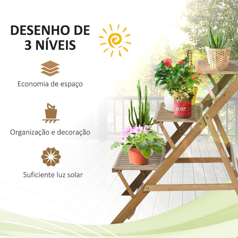 Suporte de Madeira para Plantas em Forma de Escada com 3 Prateleiras Dobrável Suporte de Vasos de Plantas para Decoração de Interiores e Exteriores 101x83x88cm Marrom