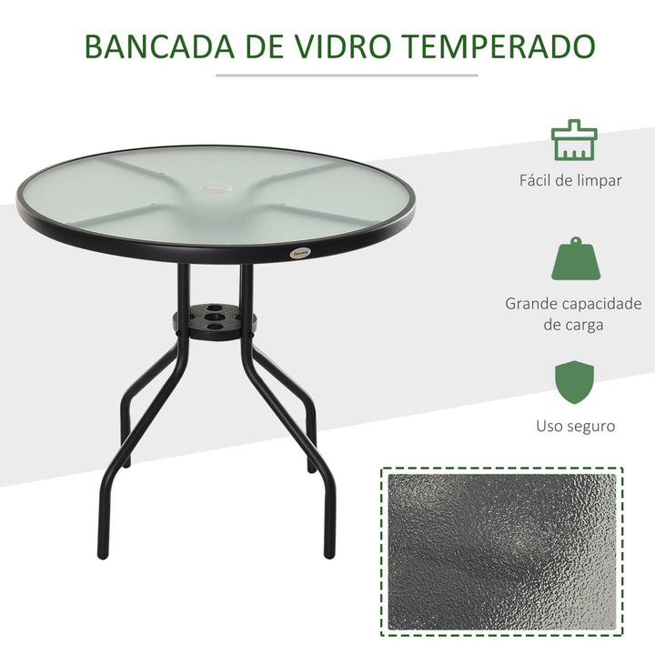 Mesa de Jardim Redonda Mesa Sala de Jantar de Cristal Temperado com Orifício para Chapéu de Sol Estrutura Metálica para Pátio Terraço Exterior Ø80x72cm Preto