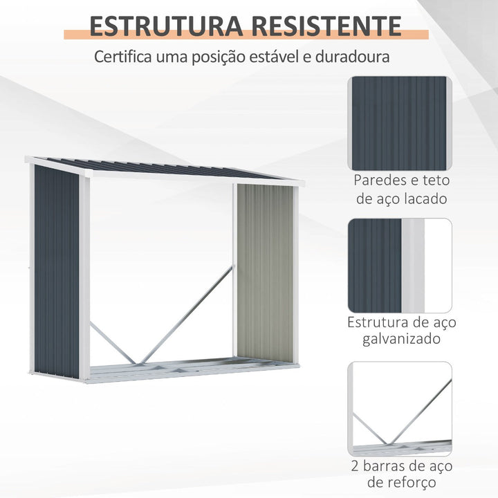 Abrigo para Lenha de Aço Galvanizado Abrigo de Armazenamento de Lenhas com Teto Inclinado para Jardim Terraço Exterior 185x84x133,5/148,5 cm Cinza