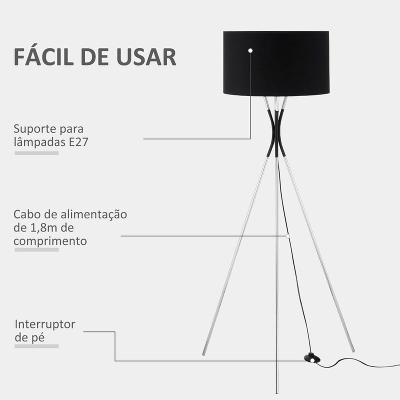 Candeeiro de Pé com Tripé de Metal Ecrã de Tecido Suporte para Lâmpada E27 Máx. 40W e Interruptor de Pé Estilo Moderno para Sala de Estar Dormitório Escritório 73x73x146cm Preto