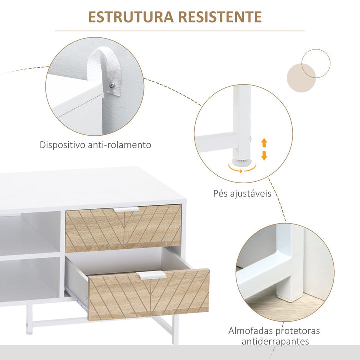 Móvel de TV de até 47 Polegadas Móvel de Sala de Estar Moderno com 4 Gavetas 2 Prateleiras Abertas e Orifício Passa Cabos 120x39x48cm Branco e Carvalho