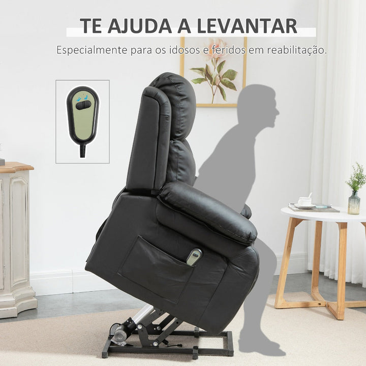 Poltrona Relax Levanta Pessoas com Controle Remoto Reclinação Elétrica de 160° Apoio para os Pés Encosto Estofado em PU e Bolsos Laterais 76x90x105cm Preto