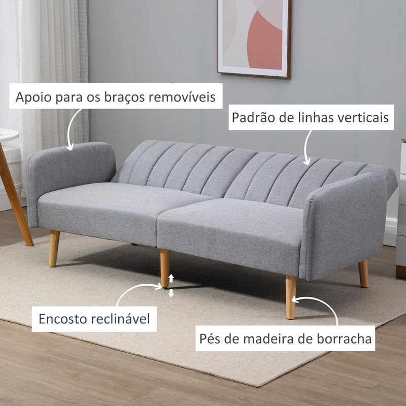 Sofá Cama de 2 Lugares com Encosto Ajustável em 3 Posições Apoio para os Braços Desmontável e Pés de Madeira Sofá Duplo Moderno para Sala de Estar Escritório 173x75x73cm Cinza