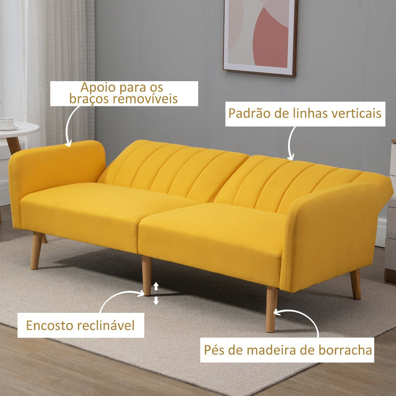 Sofá Cama de 2 Lugares com Encosto Ajustável em 3 Posições Apoio para os Braços Desmontável e Pés de Madeira Sofá Duplo Moderno para Sala de Estar Escritório 173x75x73cm Amarelo