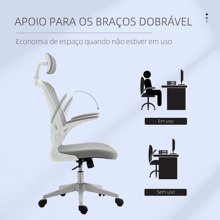 Cadeira de Escritório de Malha Ergonómica Cadeira de Escritório com Altura Ajustável Apoio para os Braços Dobrável Apoio para a Cabeça e Suporte Lombar Ajustáveis 65x64x114-122cm Cinza
