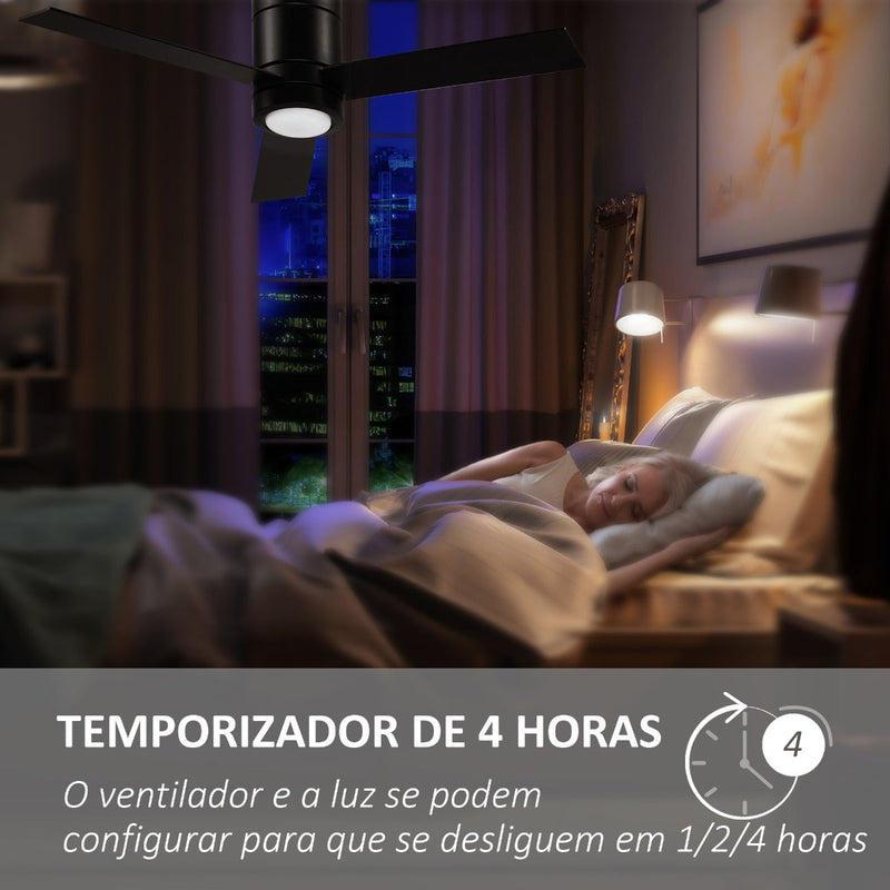 Ventoinha de Teto 48W com Luz LED Controle Remoto 3 Velocidades Temporizador 3 Lâminas de Madeira para Dormitório Sala de Estar Sala de Jantar Ø112x25cm Preto