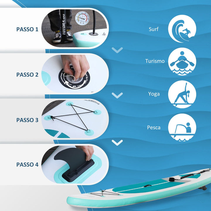Prancha de Paddle Surf Inflável 320x76x15cm Dobrável com Remo de Alumínio Ajustável Desmontável Bolsa de Transporte e Acessórios Branco e Turquesa