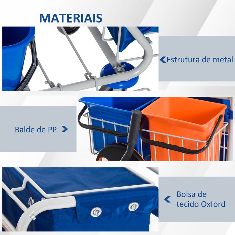 Carro de Limpeza Profissional com Balde Duplo Removível de 18 Litros Escorredor 2 Baldes Auxiliares e Bolsa de Lixo 100x70x103cm Azul e Laranja