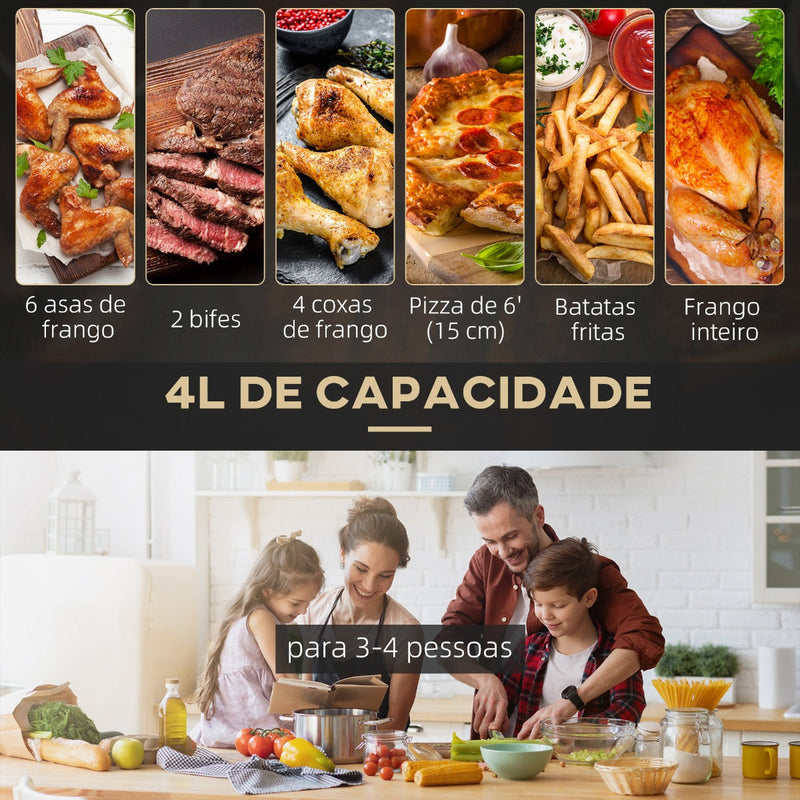 Fritadeira sem Óleo 4L Fritadeira de Ar Quente 1300W com 12 Programas Tela LED Tátil Temperatura Ajustável Temporizador e Cesta Antiaderente 34,2x25,6x31,8cm Preto