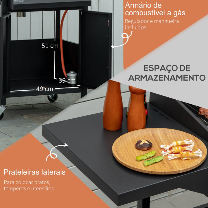 Churrasqueira a Gás com 3 Queimadores Termômetro Churrasqueira a Gás com 2 Prateleiras Laterais Armário de 2 Portas 4 Rodas e Freios Aço de Carbono 121x55x109cm Preto