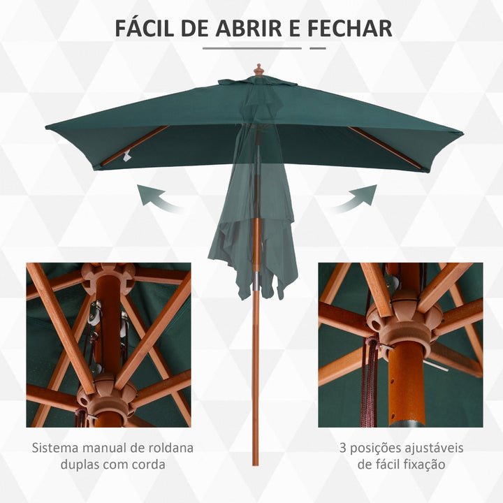 Chapéu de Sol de Jardim 200x150x230cm Chapéu de Sol Retangular Inclinável com Polia Duplo Teto e Mastro Desmontável de Madeira para Terraço Pátio Verde