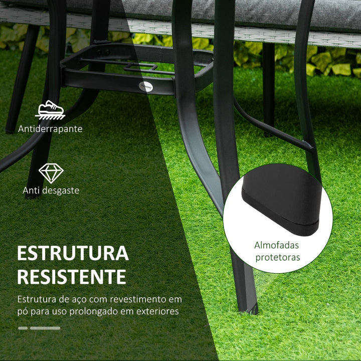 Mesa de Cristal de Jardim com Orifício para Chapéu de Sol Mesa Redonda de Exterior Terraço Varanda com Estrutura de Aço Ø106,5x71cm Transparente e Preto
