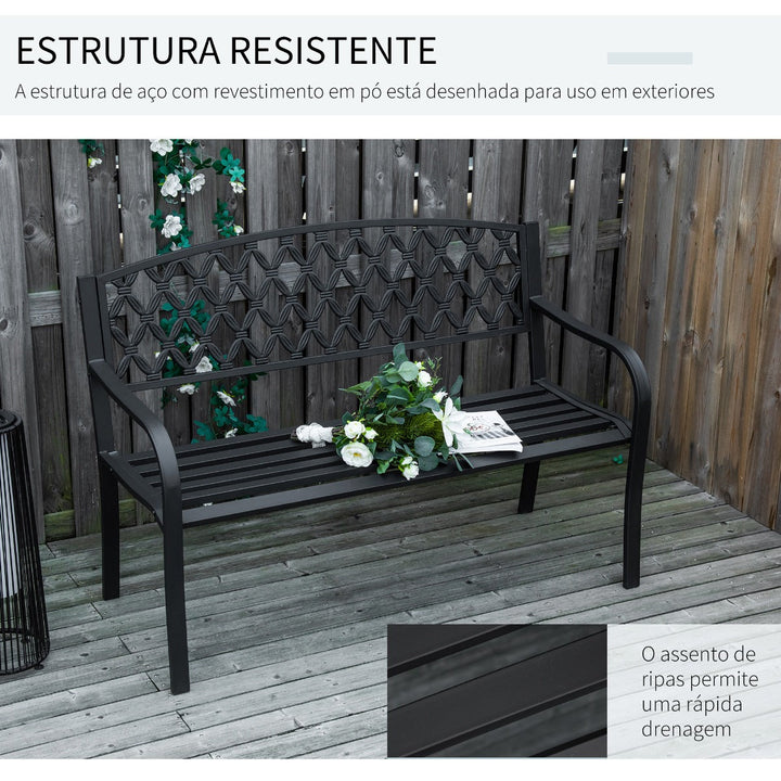 Banco de Jardim de 2 Lugares com Encosto Decorativo e Apoio para os Braços para Terraço Varanda Pátio Exterior Carga 280kg Ferro Fundido e Aço 128x58,5x89cm Preto