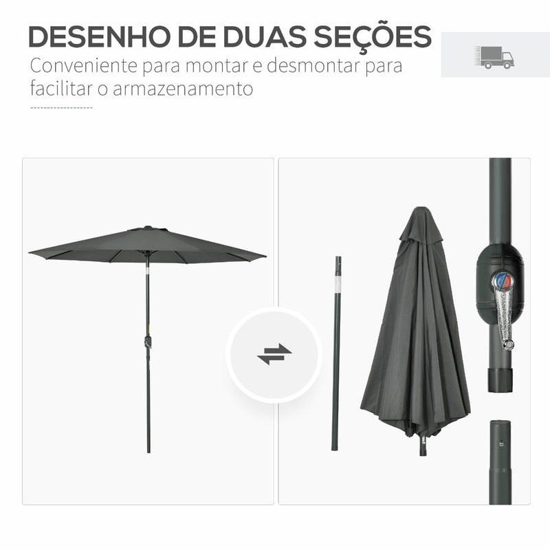 Chapéu de Sol Ø264x253cm com Proteção UV+50 Chapéu de Sol de Alumínio Inclinável com Manivela para Terraço Balcão Exterior Cinza