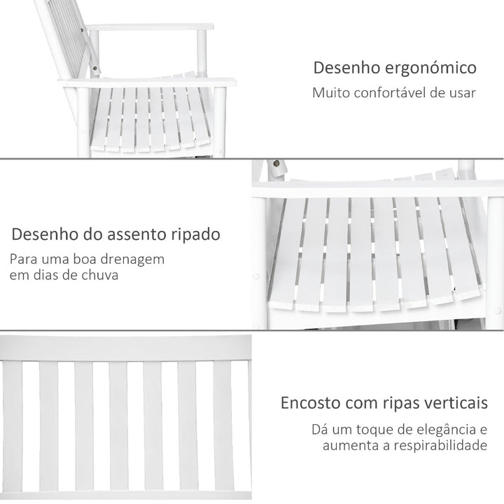 Banco Baloiço de Jardim de 2 Lugares Banco Baloiço de Madeira com Apoio para os Braços e Encosto de Ripas para Terraço Exterior Carga 250kg 125x68,5x102cm Branco