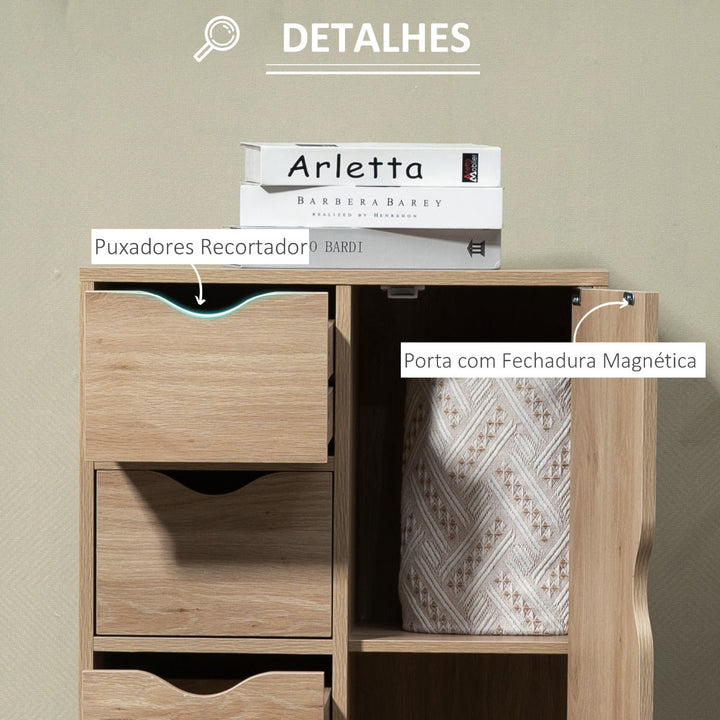 Armário de Sala de Estar Aparador Auxiliar com 4 Gavetas 1 Armário e Prateleira Inferior Móvel de Armazenamento Múltiuso para Dormitórios Sala de Jantar 54x29x83cm Carvalho