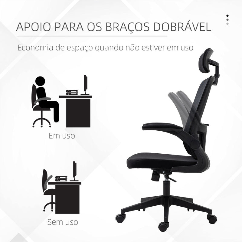 Cadeira de Escritório de Malha Ergonómica Cadeira de Escritório com Altura Ajustável Apoio para os Braços Dobrável Apoio para a Cabeça e Suporte Lombar Ajustáveis 65x64x114-122cm Preto