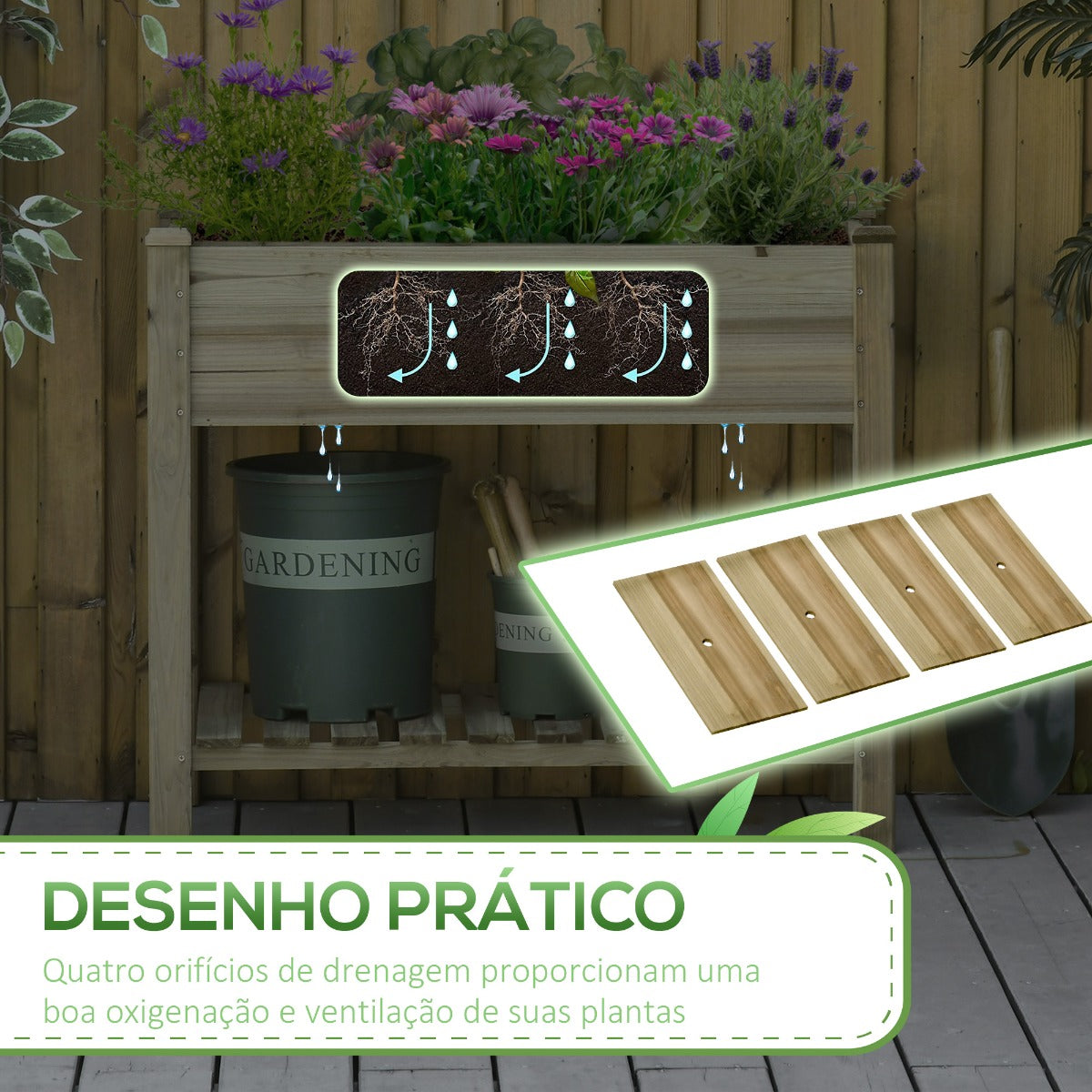 Horta Vertical de Madeira com Prateleira 91x51x76cm Mesa de Cultivo Retangular com Orifícios de Drenagem para Cultivos de Plantas Jardim Terraço Exterior Madeira Natural