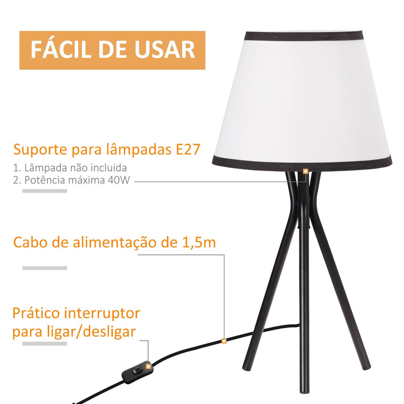 Candeeiro de Mesa com Tripé de Metal Candeeiro de Escritório com Ecrã de Tecido e Suporte para Lâmpada E27 Máx. 40W Estilo Moderno para Dormitórios Sala de Estar Ø25x50cm Branco e Preto