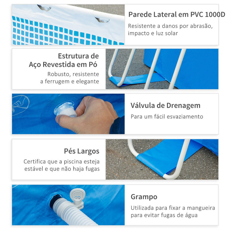 Piscina Desmontável Tubular 440x240x122cm Piscina Retangular de Exterior com Purificador 4.000L/H Mangueiras de Comprimento 100cm e Estrutura de Aço Azul