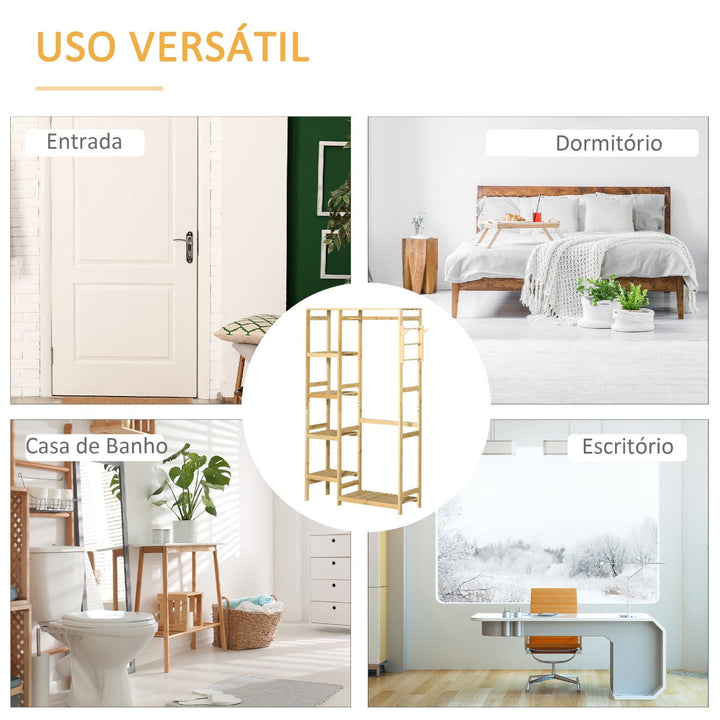 Charriot de Bambú Charriot de Pé com Prateleiras de 4 Níveis com Barra Prateleira Inferior e Cabide Lateral para Roupas Bolsas Dormitório 90x30x155cm Natural