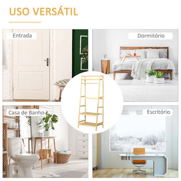 Charriot de Pé de Bambú Charriot com Prateleira de 3 Níveis com Barra e Cabide Lateral para Roupas Bolsas para Dormitório 70x42x164cm Natural
