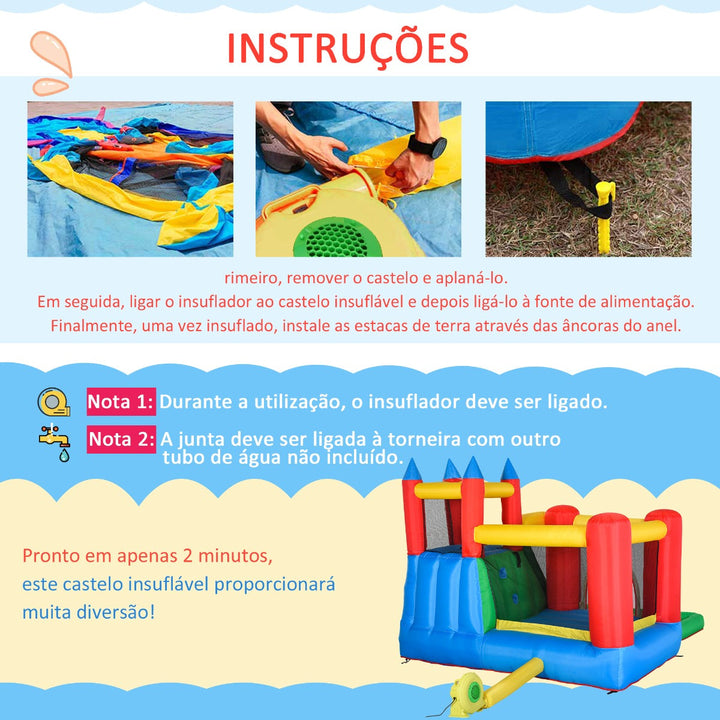 Castelo Insuflável com Escorrega Trampolim Piscina e Pistola de Água para Crianças acima de 3 Anos com Inflador e Bolsa de Transporte para Interior Exterior 330x245x215cm Multicor