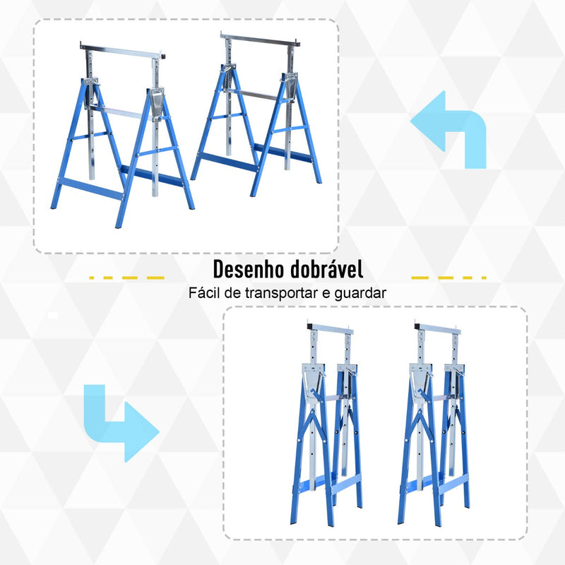 Conjunto de 2 Cavaletes Telescópicos Dobráveis com Altura Ajustável Cavaletes de Serra de Aço para Mesa de Trabalho Carga 200kg 68x58x80-130cm Azul e Prata