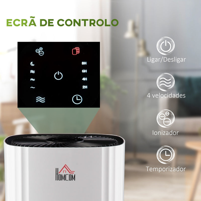 Purificador de Ar com Filtro HEPA de 3 Capas CADR 225 m³/h até 24 m³ Purificador de Mesa com Ecrã LED 4 Velocidades Temporizador Modo Noturno e Silencioso 22,7x22,7x36cm Branco