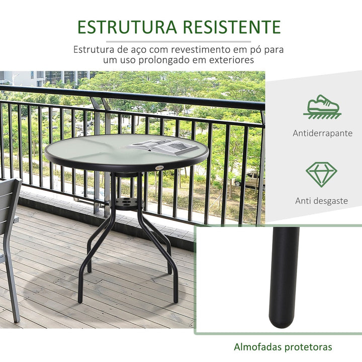 Mesa de Jardim Redonda Mesa Sala de Jantar de Cristal Temperado com Orifício para Chapéu de Sol Estrutura Metálica para Pátio Terraço Exterior Ø80x72cm Preto