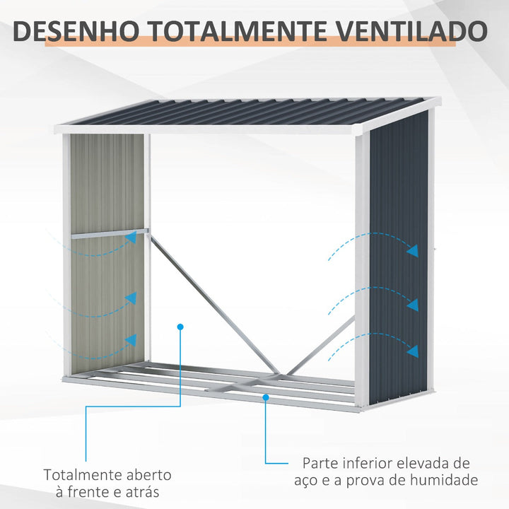Abrigo para Lenha de Aço Galvanizado Abrigo de Armazenamento de Lenhas com Teto Inclinado para Jardim Terraço Exterior 185x84x133,5/148,5 cm Cinza