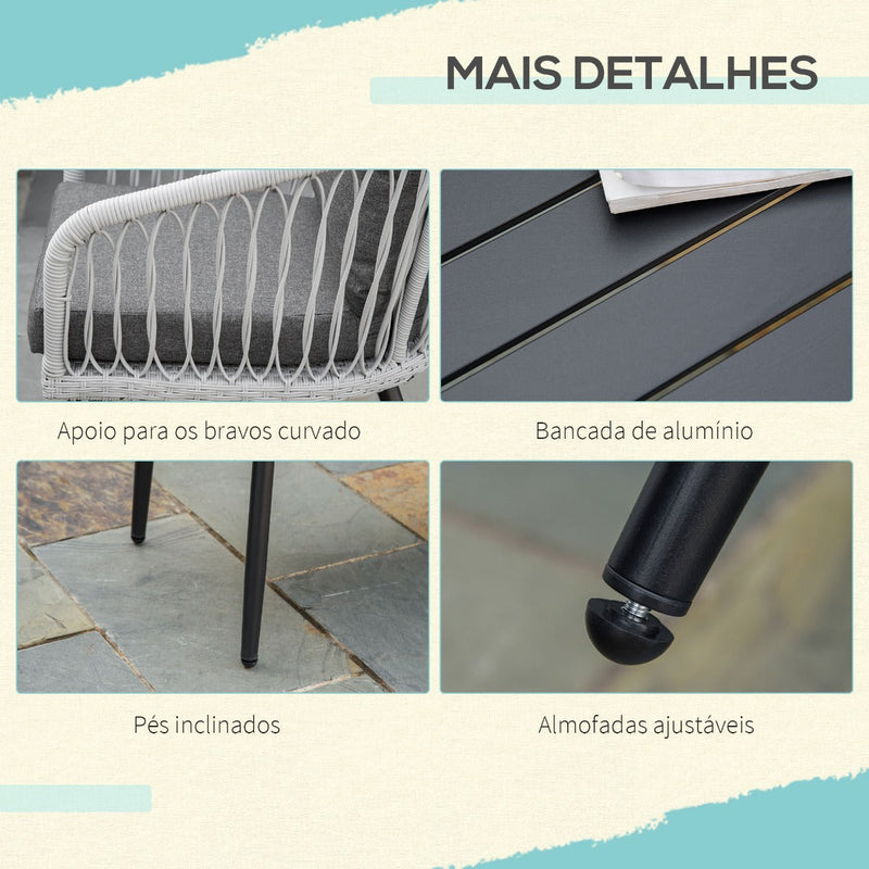 Conjunto de Móveis de Vime Conjunto de Móveis de Jardim 4 Peças Mesa de Centro de Alumínio Sofá 3 Lugares e 2 Poltronas com Almofadas para Terraço Exterior Cinza