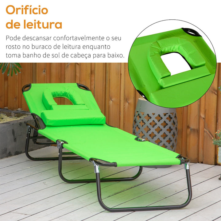 Espreguiçadeira Dobrável com Encosto Ajustável em 4 Posições Espreguiçadeira de Jardim com Almofada Estrutura de Aço Tecido Oxford para Acampamento Praia Terraço 190x56x28cm Verde