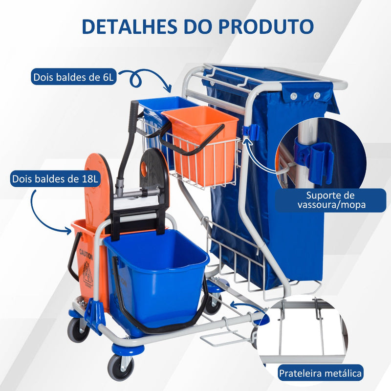 Carro de Limpeza Profissional com Balde Duplo Removível de 18 Litros Escorredor 2 Baldes Auxiliares e Bolsa de Lixo 100x70x103cm Azul e Laranja