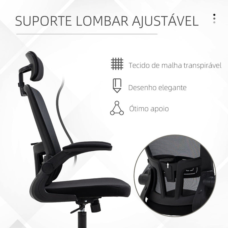 Cadeira de Escritório de Malha Ergonómica Cadeira de Escritório com Altura Ajustável Apoio para os Braços Dobrável Apoio para a Cabeça e Suporte Lombar Ajustáveis 65x64x114-122cm Preto