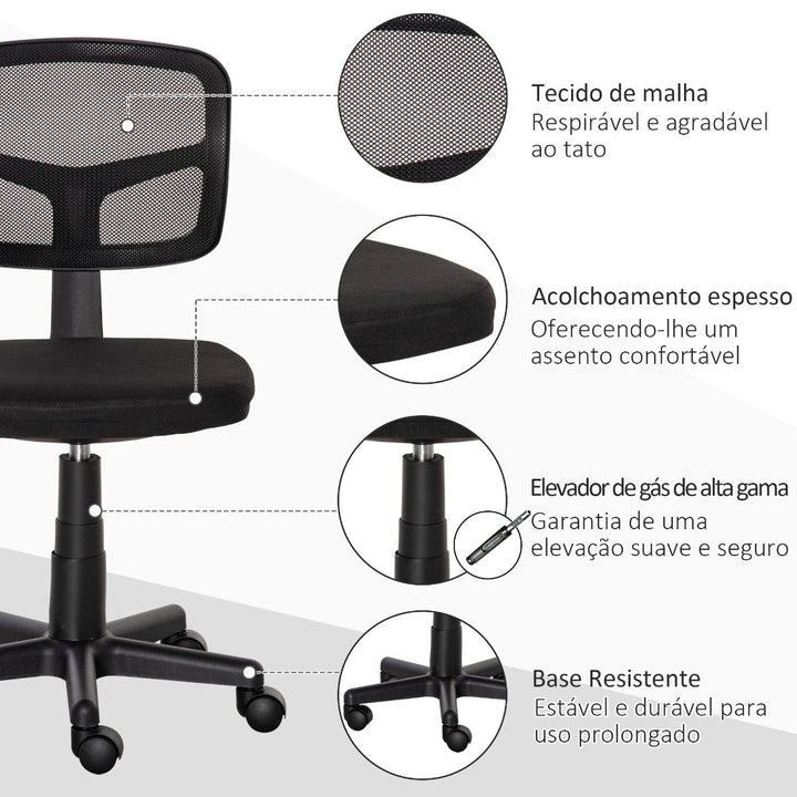 Cadeira de Escritório Ergonómica de Malha Cadeira de Escritório Giratória 360° com Altura Ajustável Suporte Lombar Respirável e Rodas 43x48x77,5-89,5cm Preto