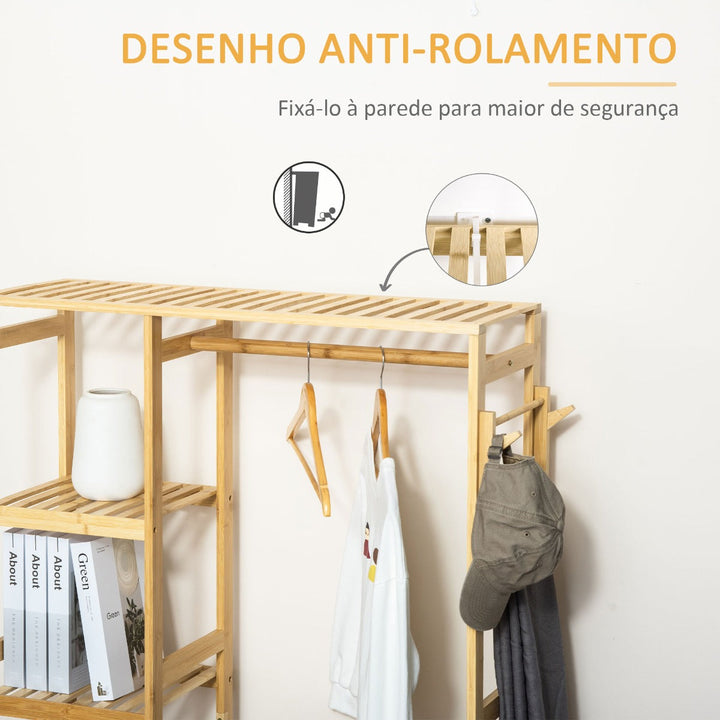 Charriot de Bambú Charriot de Pé com Prateleiras de 4 Níveis com Barra Prateleira Inferior e Cabide Lateral para Roupas Bolsas Dormitório 90x30x155cm Natural