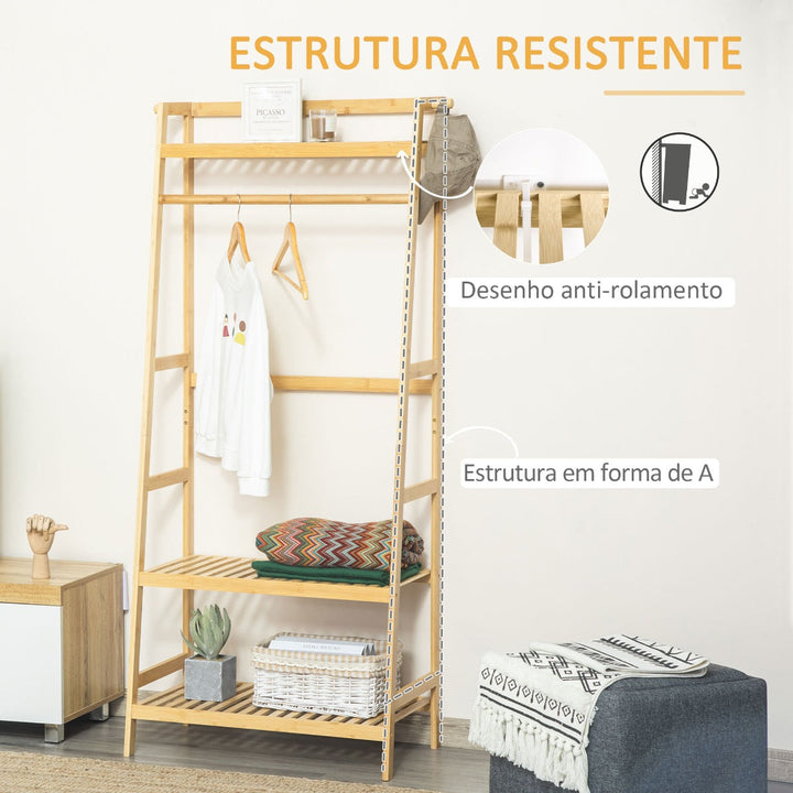 Charriot de Pé de Bambú Charriot com Prateleira de 3 Níveis com Barra e Cabide Lateral para Roupas Bolsas para Dormitório 70x42x164cm Natural