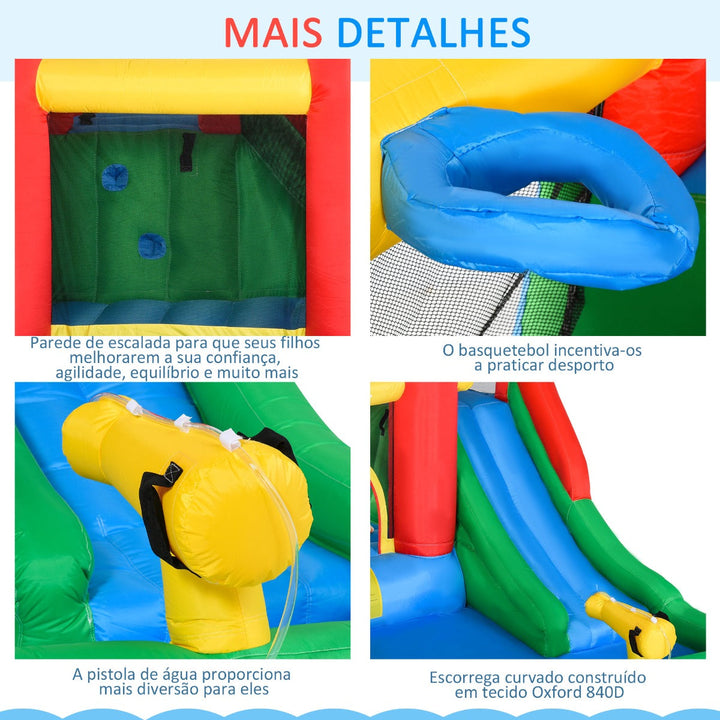 Castelo Insuflável com Escorrega Trampolim Piscina e Pistola de Água para Crianças acima de 3 Anos com Inflador e Bolsa de Transporte para Interior Exterior 330x245x215cm Multicor