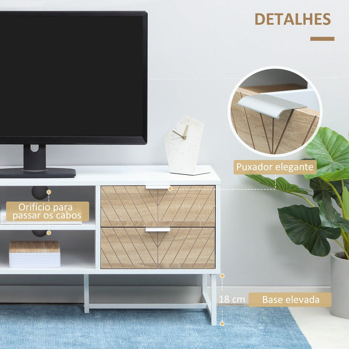 Móvel de TV de até 47 Polegadas Móvel de Sala de Estar Moderno com 4 Gavetas 2 Prateleiras Abertas e Orifício Passa Cabos 120x39x48cm Branco e Carvalho