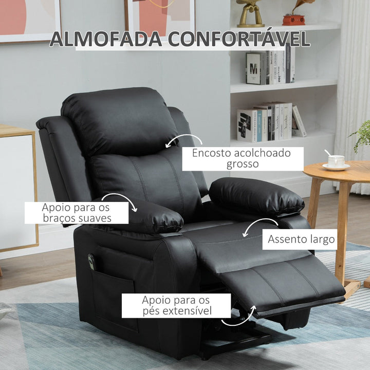 Poltrona Relax Levanta Pessoas com Controle Remoto Reclinação Elétrica de 160° Apoio para os Pés Encosto Estofado em PU e Bolsos Laterais 76x90x105cm Preto