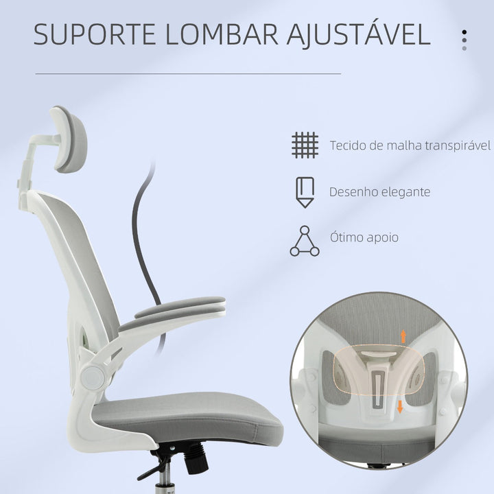 Cadeira de Escritório de Malha Ergonómica Cadeira de Escritório com Altura Ajustável Apoio para os Braços Dobrável Apoio para a Cabeça e Suporte Lombar Ajustáveis 65x64x114-122cm Cinza