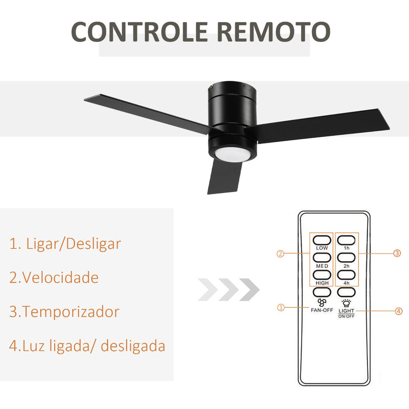 Ventoinha de Teto 48W com Luz LED Controle Remoto 3 Velocidades Temporizador 3 Lâminas de Madeira para Dormitório Sala de Estar Sala de Jantar Ø112x25cm Preto