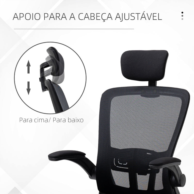 Cadeira de Escritório de Malha Ergonómica Cadeira de Escritório com Altura Ajustável Apoio para os Braços Dobrável Apoio para a Cabeça e Suporte Lombar Ajustáveis 65x64x114-122cm Preto