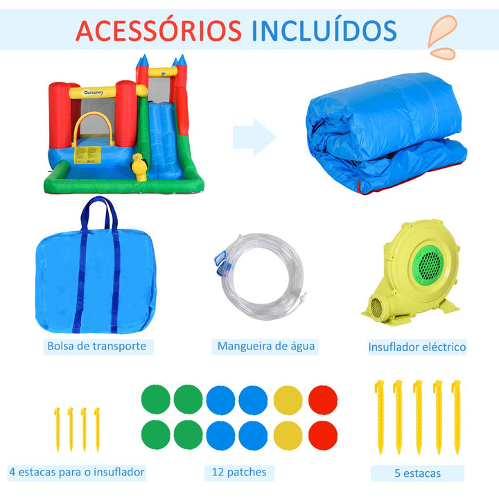 Castelo Insuflável com Escorrega Trampolim Piscina e Pistola de Água para Crianças acima de 3 Anos com Inflador e Bolsa de Transporte para Interior Exterior 330x245x215cm Multicor