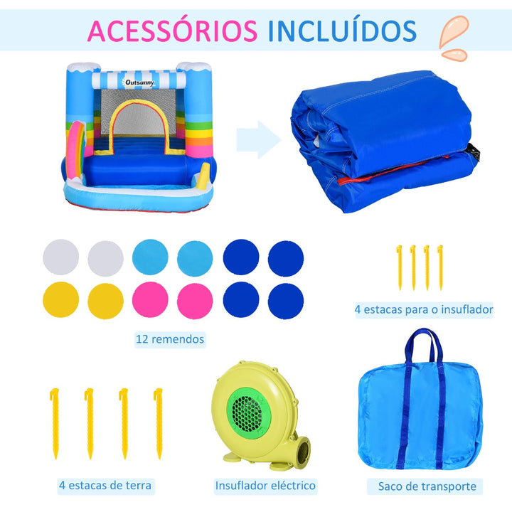 Castelo Inflável com Trampolim e Piscina para Crianças acima de 3 Anos Inclui Inflador e Bolsa de Transporte para Interior Exterior 280x170x155cm Multicor