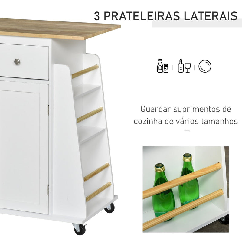 Carrinho de Cozinha Auxiliar com Rodas Carrinho de Cozinha com 2 Gavetas Armário de Armazenamento Prateleira Interior Ajustável 3 Suportes para Temperos e Barra de Pendurar 89x45x89,5cm Branco