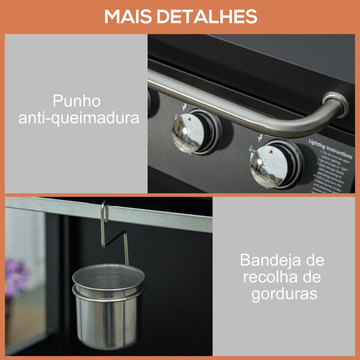 Churrasqueira a Gás com 3 Queimadores Termômetro Churrasqueira a Gás com 2 Prateleiras Laterais Armário de 2 Portas 4 Rodas e Freios Aço de Carbono 121x55x109cm Preto
