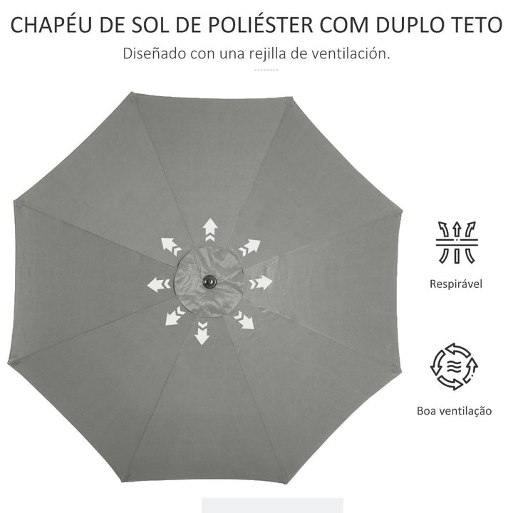 Chapéu de Sol de Jardim Ø300x250 cm com Manivela Chapéu de Sol Exterior com Mecanismo de Inclinação e Mastro Desmontável de Metal para Terraço Piscina Pátio Cinza