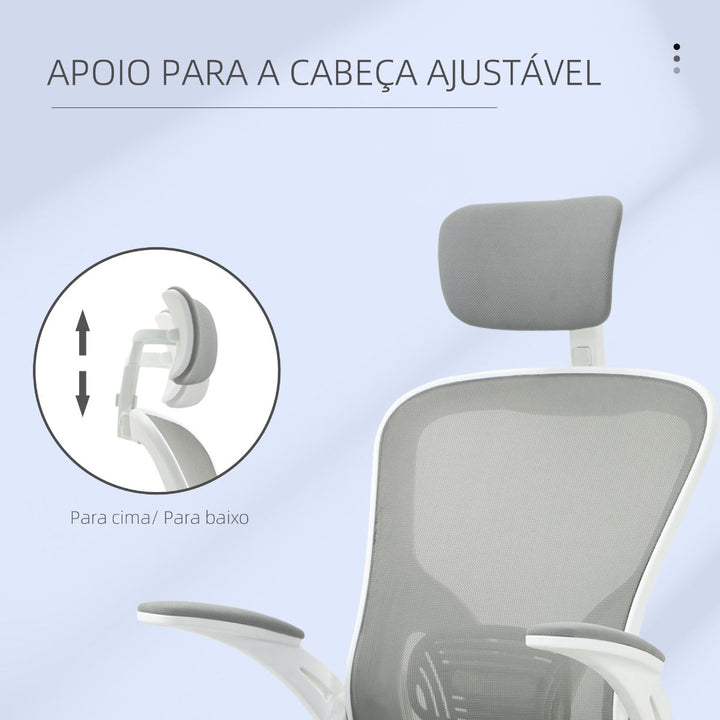 Cadeira de Escritório de Malha Ergonómica Cadeira de Escritório com Altura Ajustável Apoio para os Braços Dobrável Apoio para a Cabeça e Suporte Lombar Ajustáveis 65x64x114-122cm Cinza